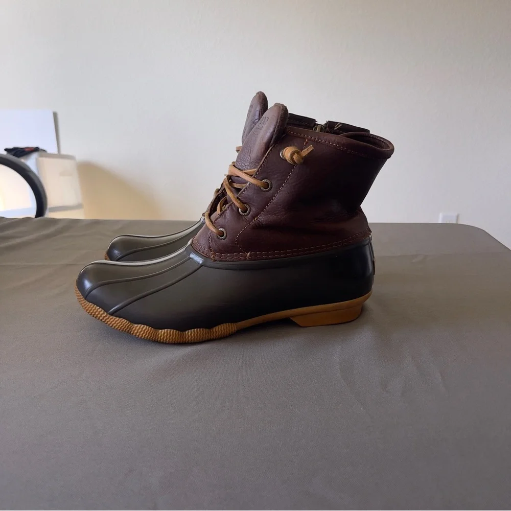 Sperry Saltwater Duck Boots | Brown Leather & Rubber Waterproof Boots Size 9 - Picture 2 of 7
